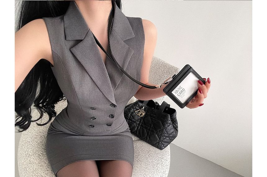 Notch Lapel Double Breasted Vest and High Waist Slit Pencil Skirt Set