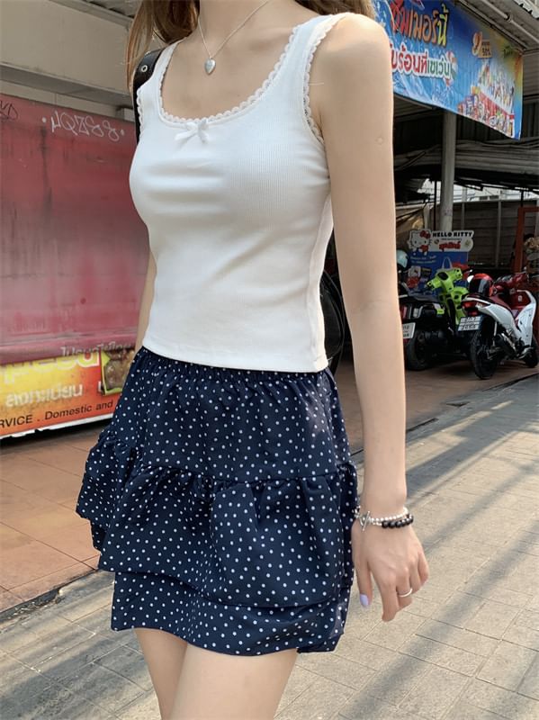 Elastic Waist Dotted Mini Tiered Skirt
