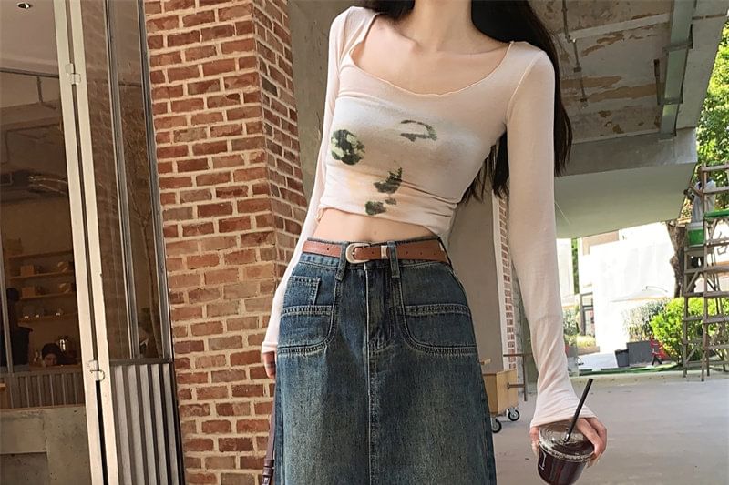 Mid Rise Washed Denim Midi A-Line Skirt