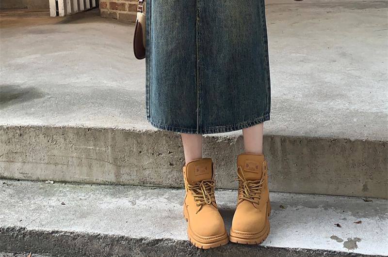 Mid Rise Washed Denim Midi A-Line Skirt