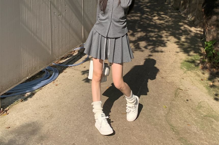 Two-Tone Collared Top with Drawstring Waist Skirt Set