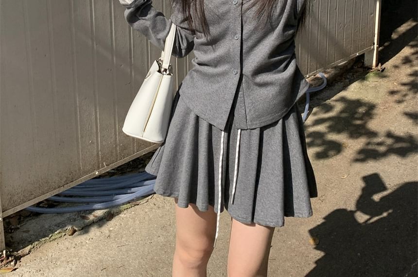 Two-Tone Collared Top with Drawstring Waist Skirt Set