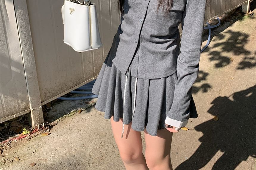 Two-Tone Collared Top with Drawstring Waist Skirt Set