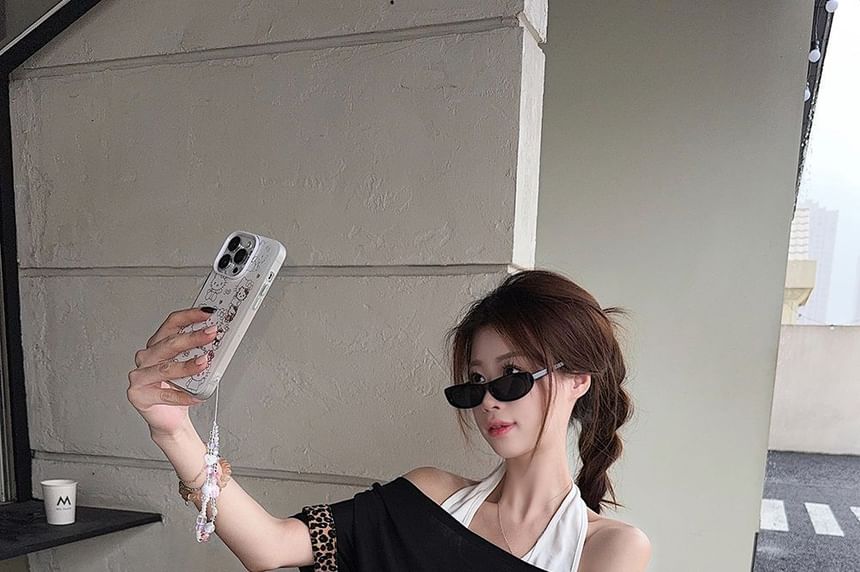 Cold Shoulder Crop Tee with Short Sleeves and Mock Layering