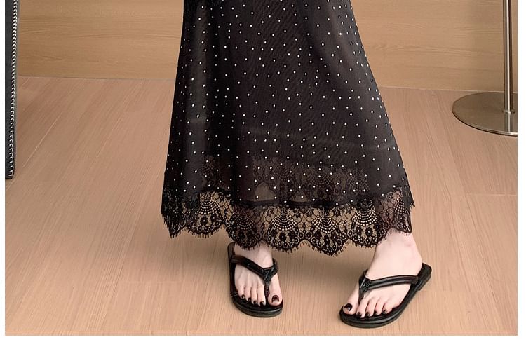 High Waist Polka Dot Asymmetrical Lace Panel Maxi Mermaid Skirt