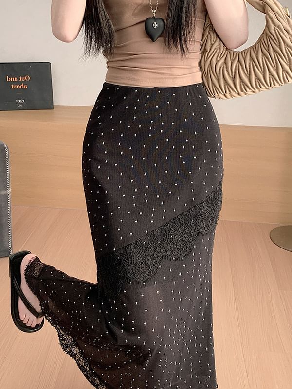 High Waist Polka Dot Asymmetrical Lace Panel Maxi Mermaid Skirt