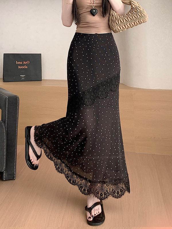 High Waist Polka Dot Asymmetrical Lace Panel Maxi Mermaid Skirt