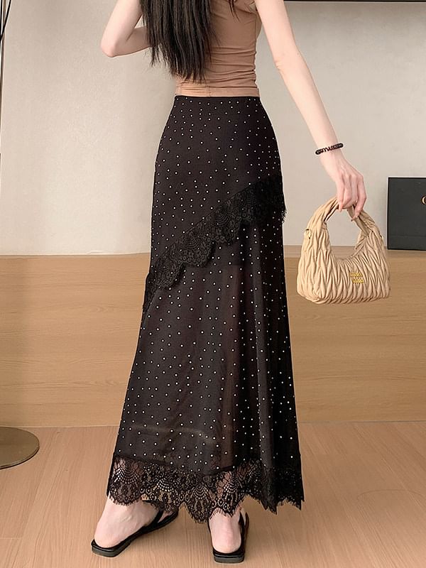 High Waist Polka Dot Asymmetrical Lace Panel Maxi Mermaid Skirt