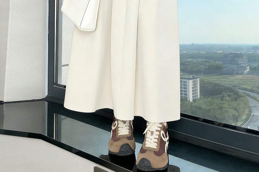 High Waist Plain Pleated Midi A-Line Skirt