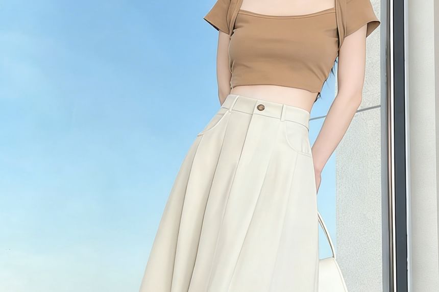 High Waist Plain Pleated Midi A-Line Skirt
