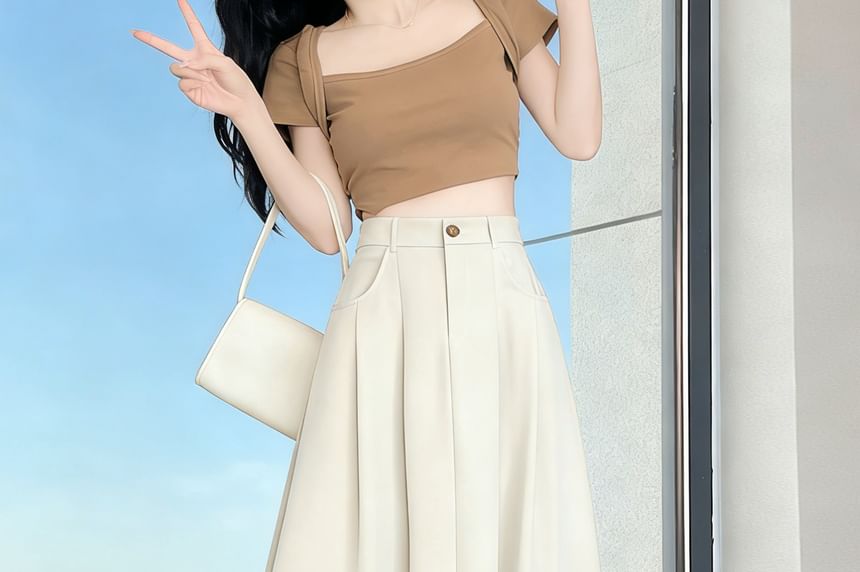High Waist Plain Pleated Midi A-Line Skirt