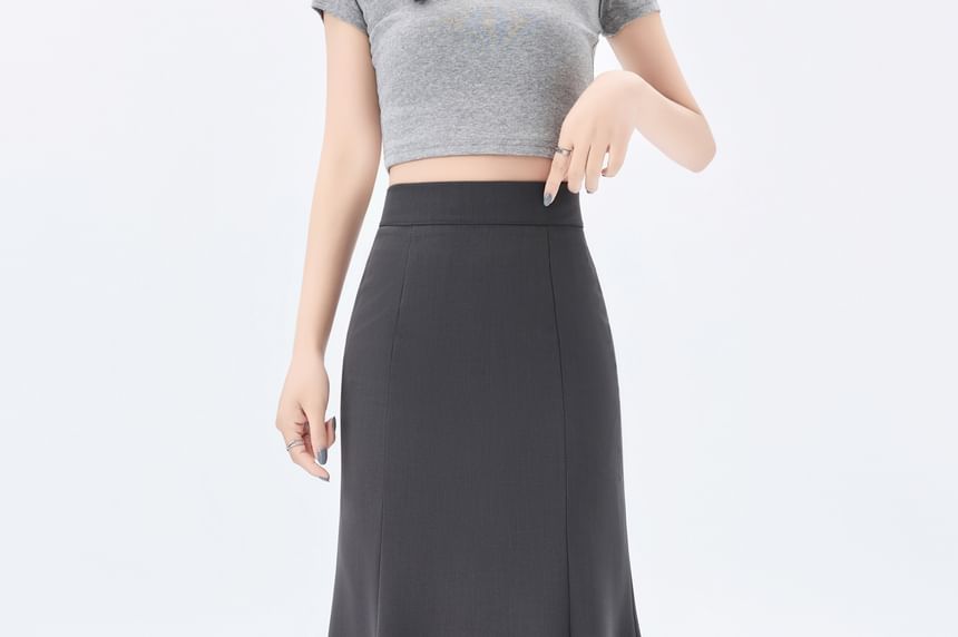 High Waist Plain Slit Midi Mermaid Skirt
