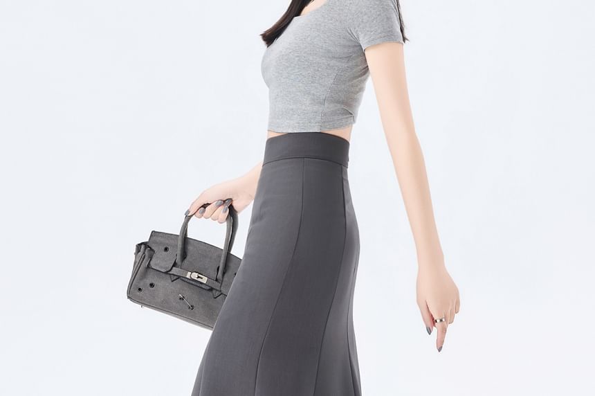 High Waist Plain Slit Midi Mermaid Skirt