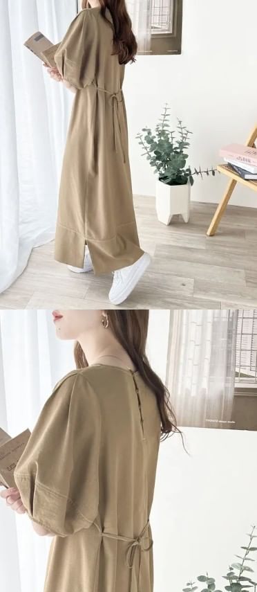 Short-Sleeve Crewneck Plain Maxi A-Line Dress