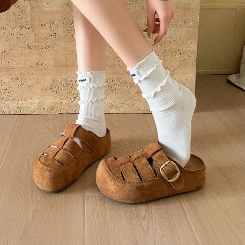Platform Plain Buckled Faux Suede Mules