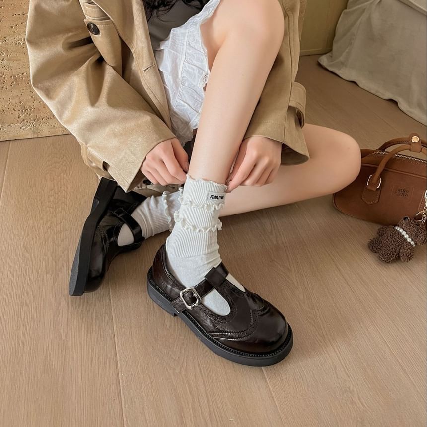 Platform T-Strap Faux Leather Wingtip Brogue Mary Jane Shoes