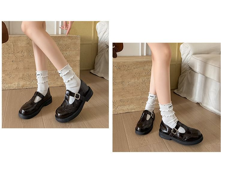 Platform T-Strap Faux Leather Wingtip Brogue Mary Jane Shoes