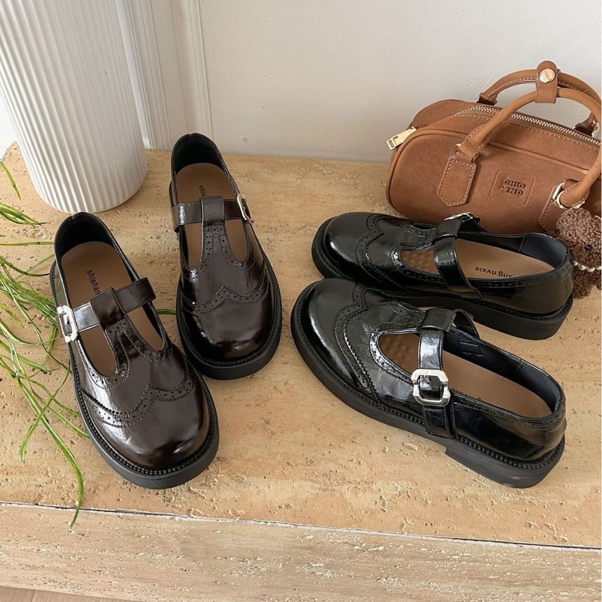 Platform T-Strap Faux Leather Wingtip Brogue Mary Jane Shoes