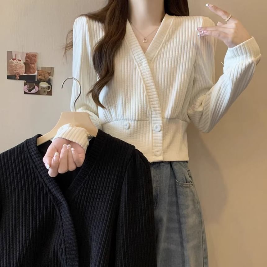 V-Neck Plain Ribbed Knit Cardigan