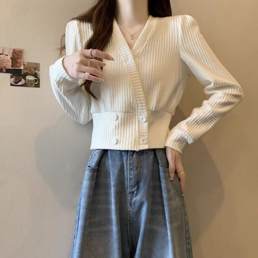 V-Neck Plain Ribbed Knit Cardigan