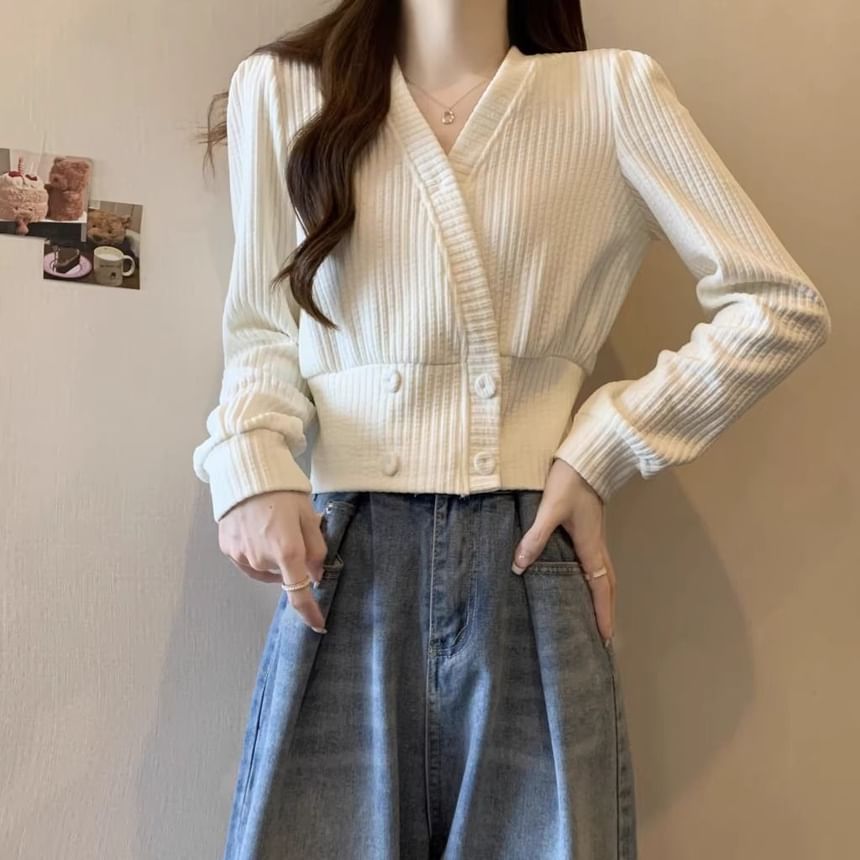 V-Neck Plain Ribbed Knit Cardigan