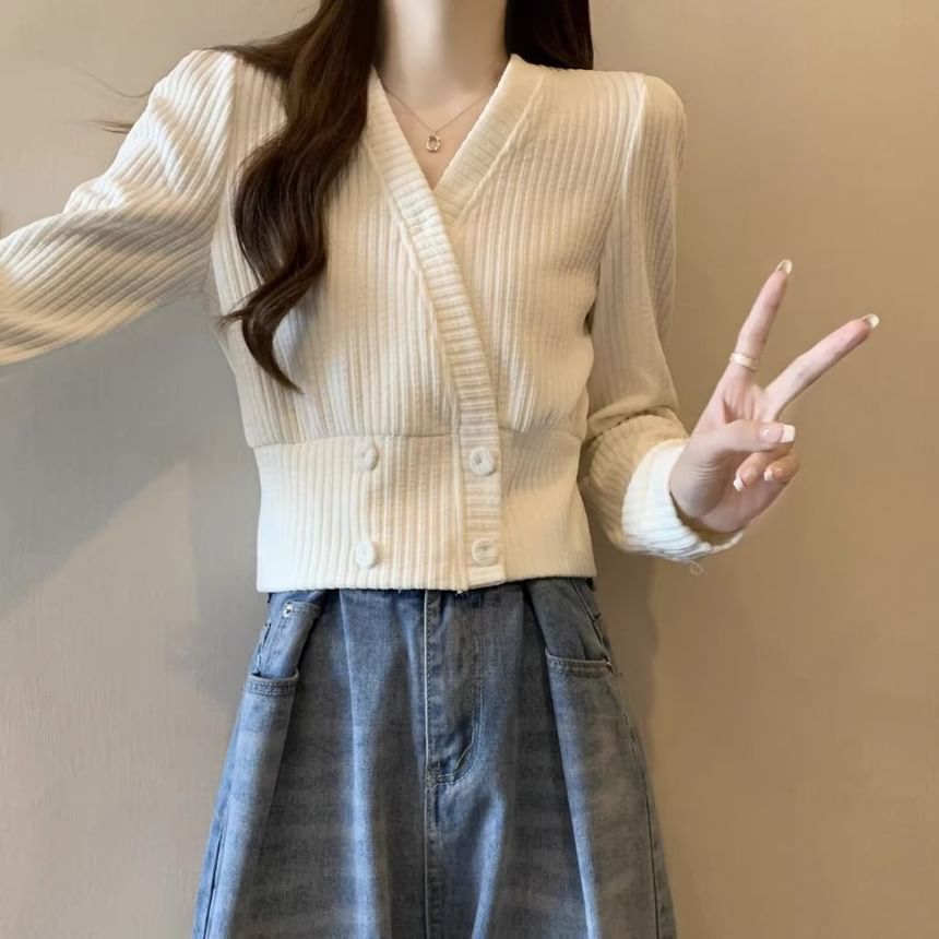 V-Neck Plain Ribbed Knit Cardigan