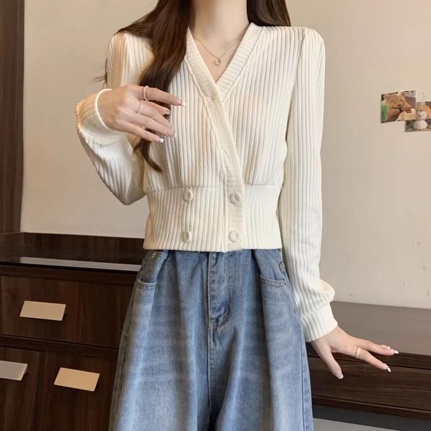 V-Neck Plain Ribbed Knit Cardigan