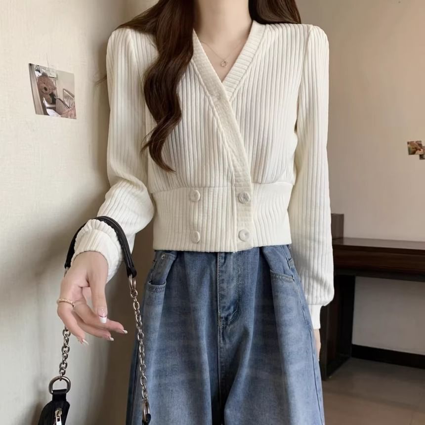 V-Neck Plain Ribbed Knit Cardigan