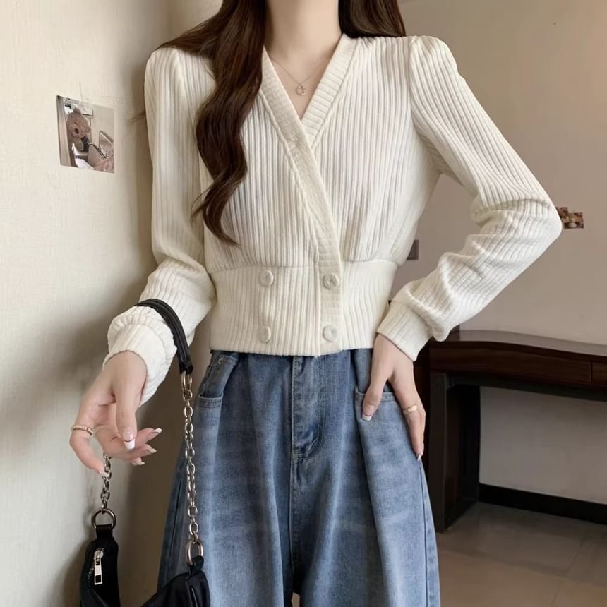 V-Neck Plain Ribbed Knit Cardigan