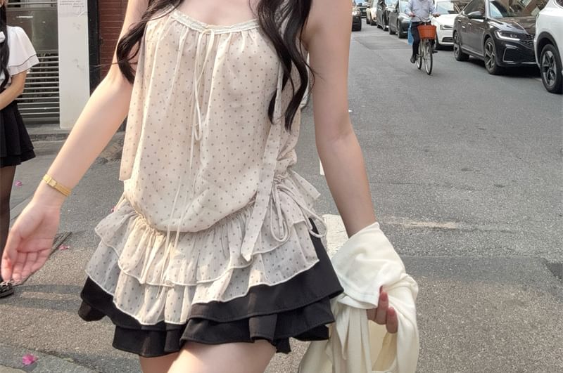 Set: Dotted Ruffled Drawstring Camisole Top + Plain Cardigan
