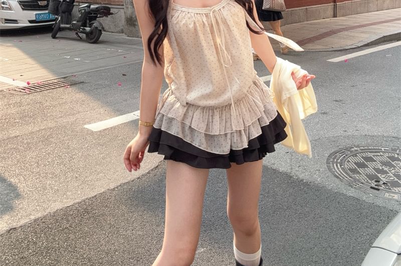 Set: Dotted Ruffled Drawstring Camisole Top + Plain Cardigan