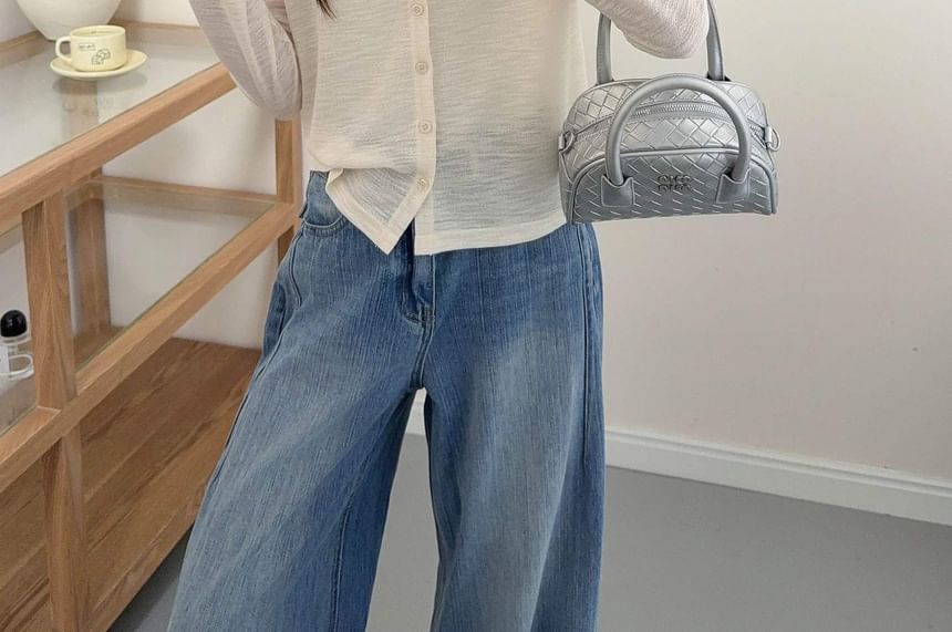 Crew Neck Button-Up Plain Sheer Cardigan