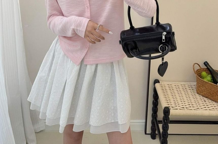 Crew Neck Button-Up Plain Sheer Cardigan