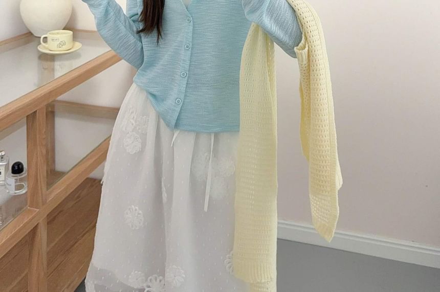 Crew Neck Button-Up Plain Sheer Cardigan