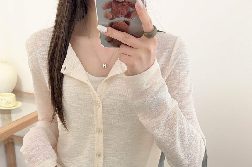 Crew Neck Button-Up Plain Sheer Cardigan