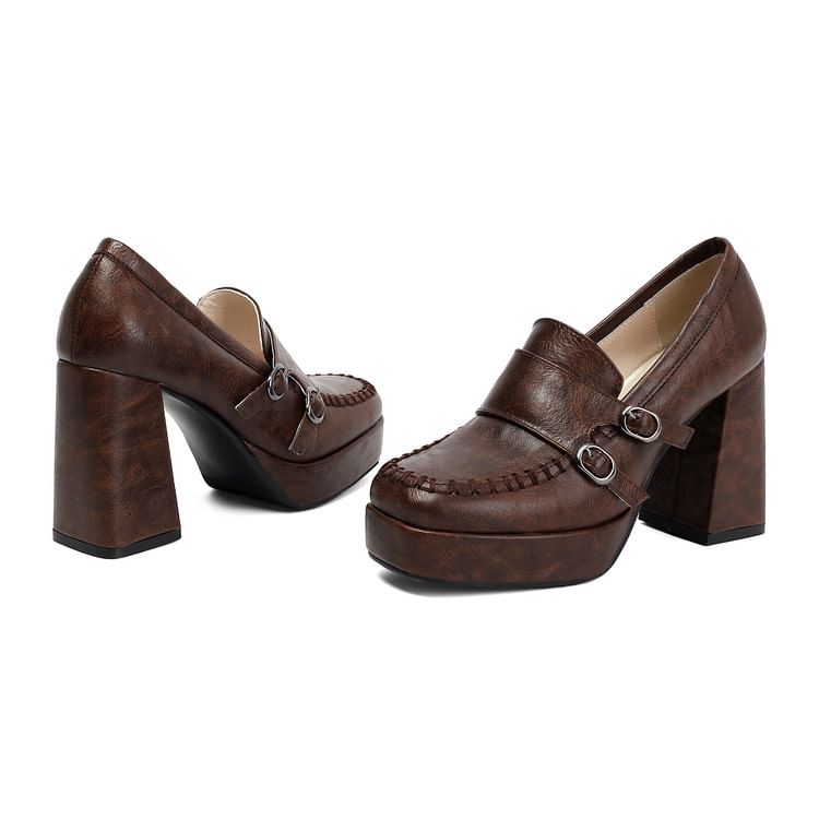 Faux Leather Buckled Platform Chunky Heel Loafers