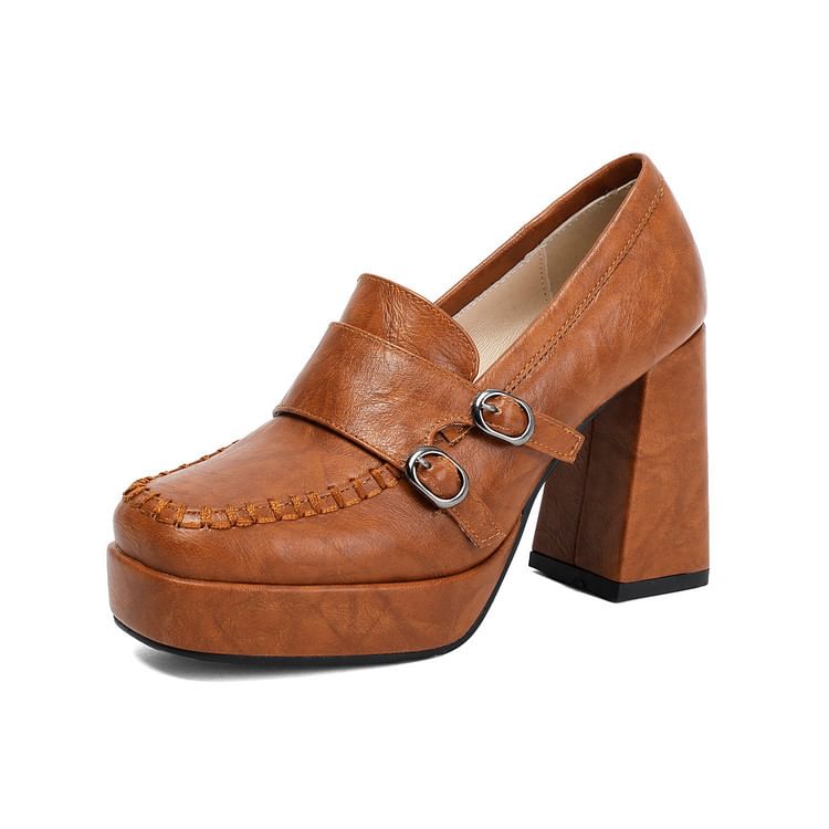 Faux Leather Buckled Platform Chunky Heel Loafers