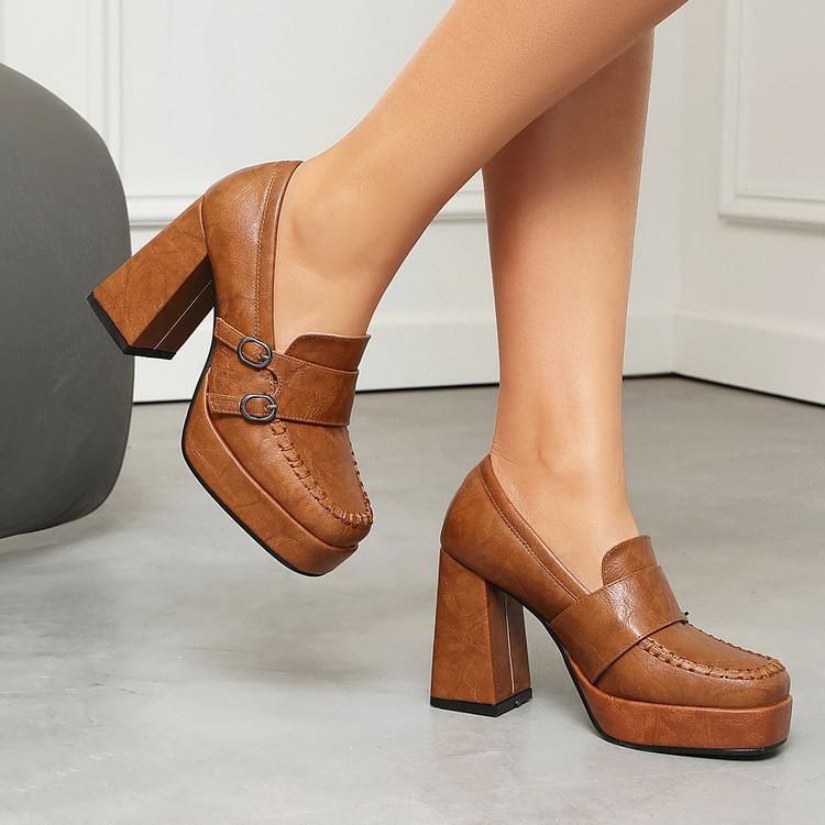 Faux Leather Buckled Platform Chunky Heel Loafers