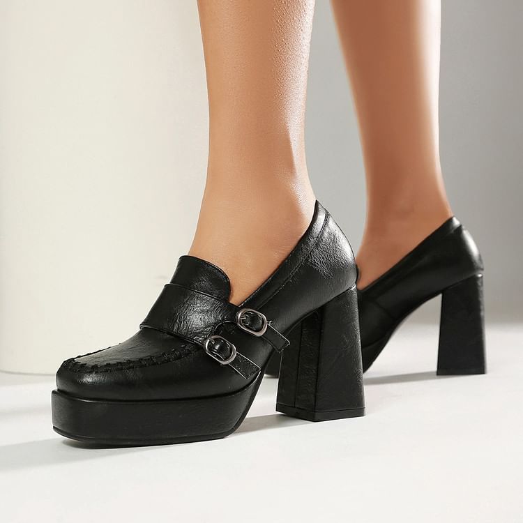 Faux Leather Buckled Platform Chunky Heel Loafers