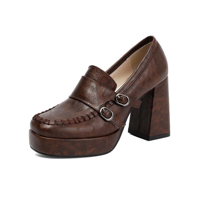 Faux Leather Buckled Platform Chunky Heel Loafers
