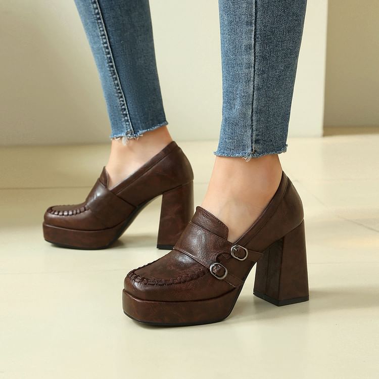 Faux Leather Buckled Platform Chunky Heel Loafers