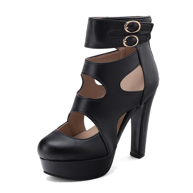 Platform Chunky Heel Cutout Buckled Pumps