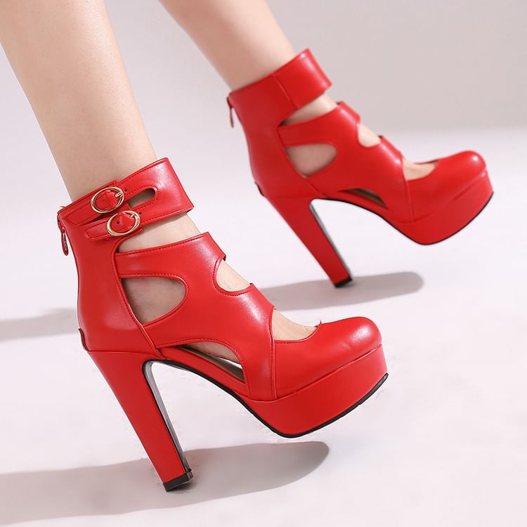 Platform Chunky Heel Cutout Buckled Pumps
