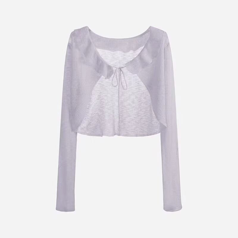 V-Neck Plain Ruffle Ribbed Tie Front Cardigan