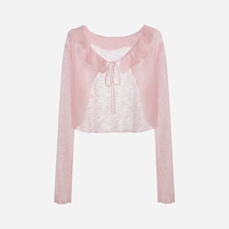 V-Neck Plain Ruffle Ribbed Tie Front Cardigan