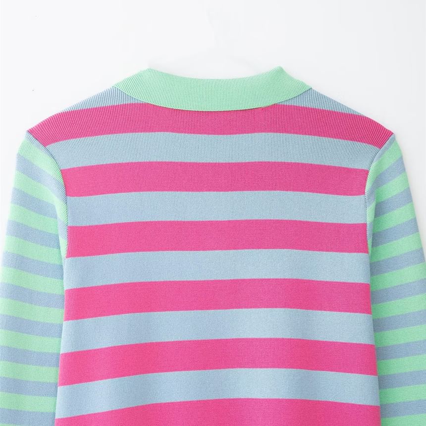 Collared Multicolor Striped Cardigan