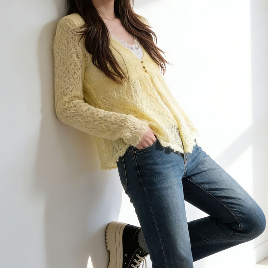 V-Neck Plain Peplum Pointelle Knit Cardigan