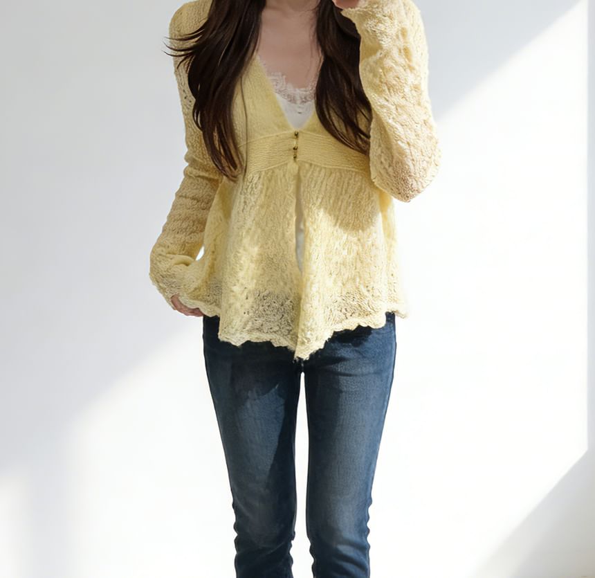 V-Neck Plain Peplum Pointelle Knit Cardigan