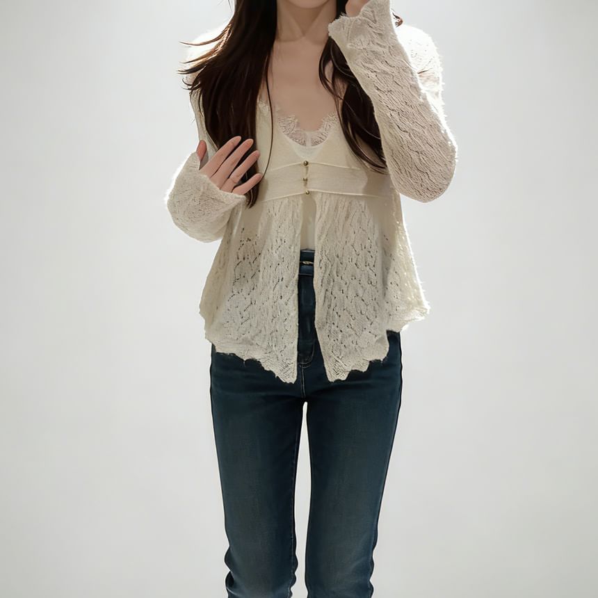 V-Neck Plain Peplum Pointelle Knit Cardigan