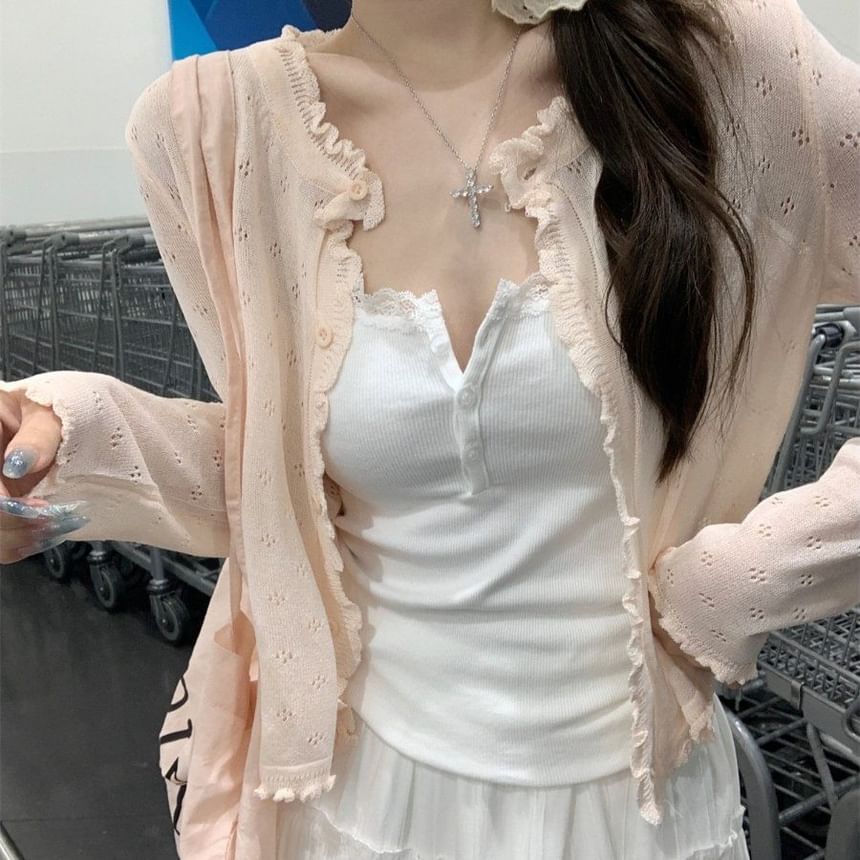 Plain Ruffle Pointelle Knit Cardigan